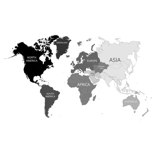 Mapa do mundo com os nomes dos continentes. Ilustração vetorial . — Vetor de Stock