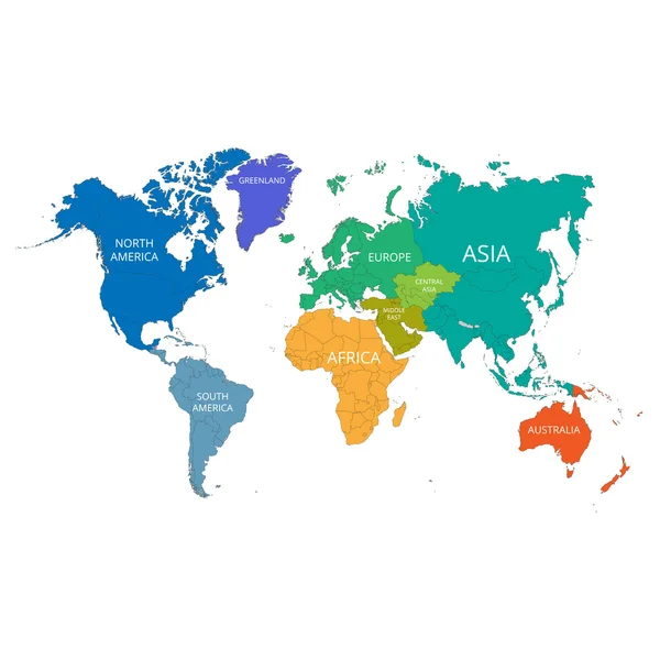 Dünya harita kıtaların isimleriyle. Vektör çizim. — Stok Vektör