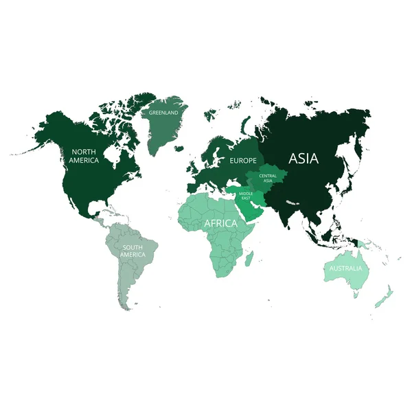 Mapa do mundo com os nomes dos continentes. Ilustração vetorial . — Vetor de Stock