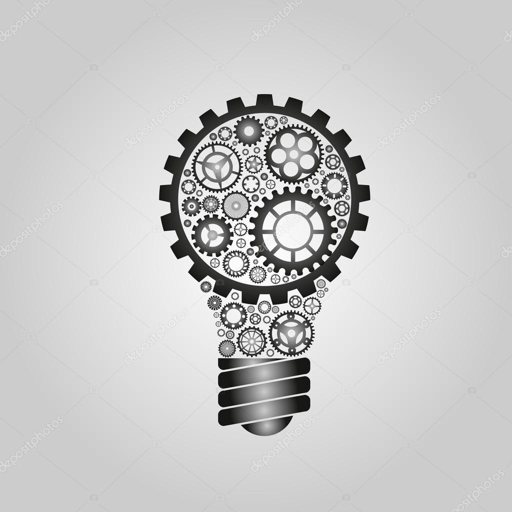 Simple light bulb conceptual icon with gears inside. Vector illustration