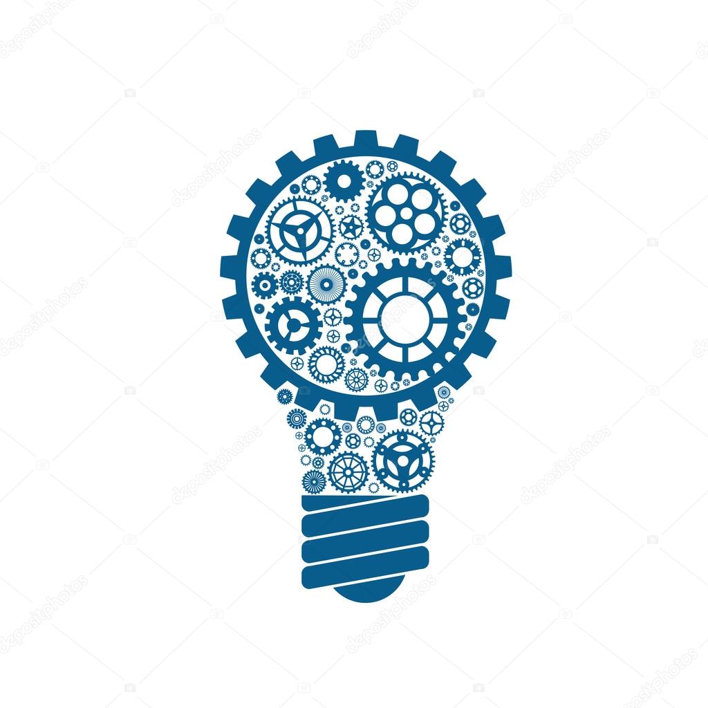 Simple light bulb conceptual icon with gears inside. Vector illustration