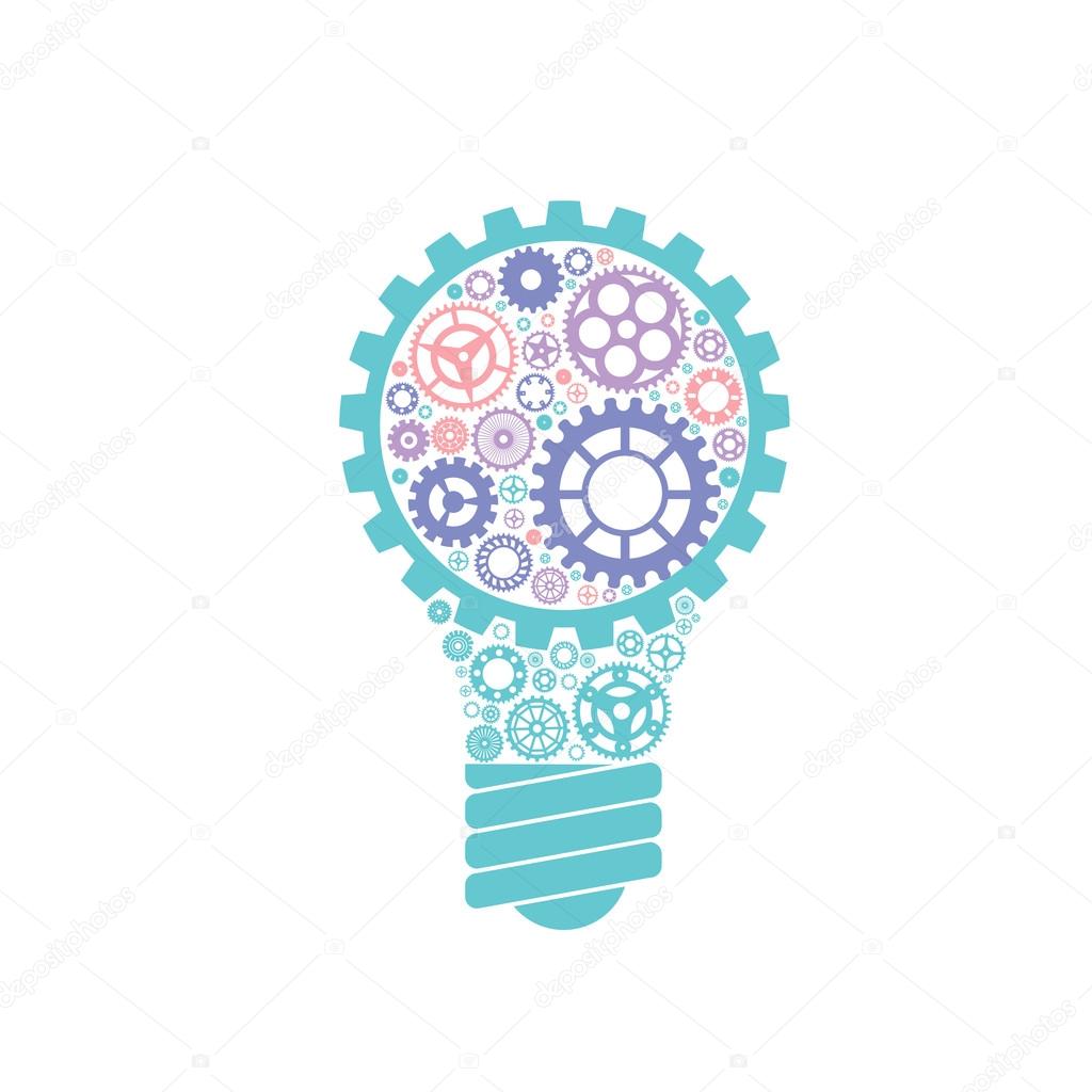 Simple light bulb conceptual icon with gears inside. Vector illustration