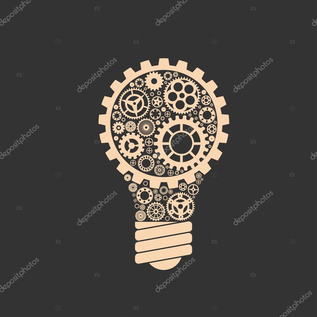 Simple light bulb conceptual icon with gears inside. Vector illustration