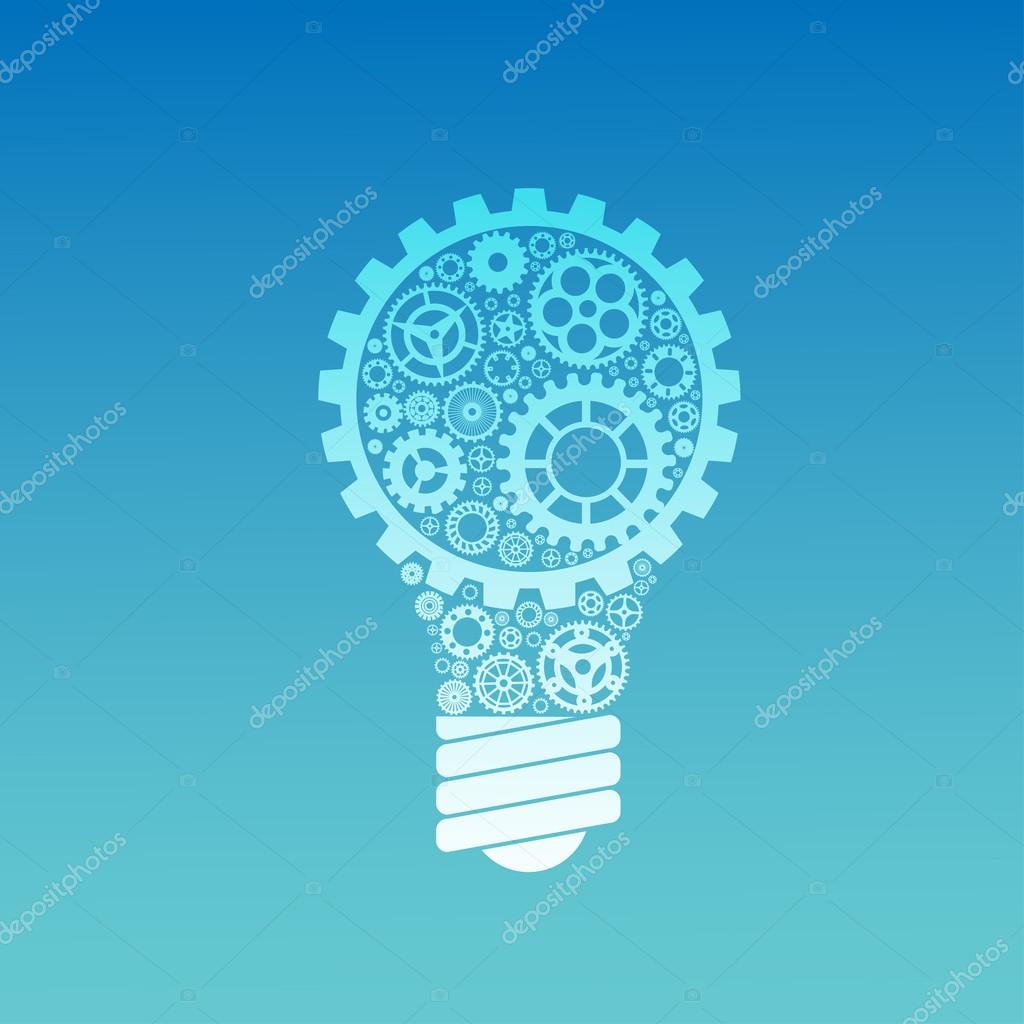 Simple light bulb conceptual icon with gears inside. Vector illustration