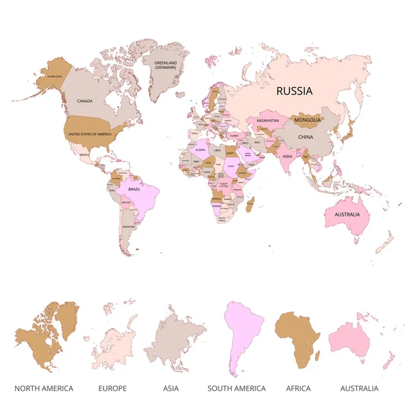 Världen karta med namnet på länder och kontinenter. Vektor illustration. — Stock vektor