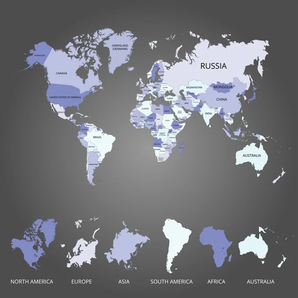 Mappa del mondo con il nome di paesi e continenti. Illustrazione vettoriale . — Vettoriale Stock