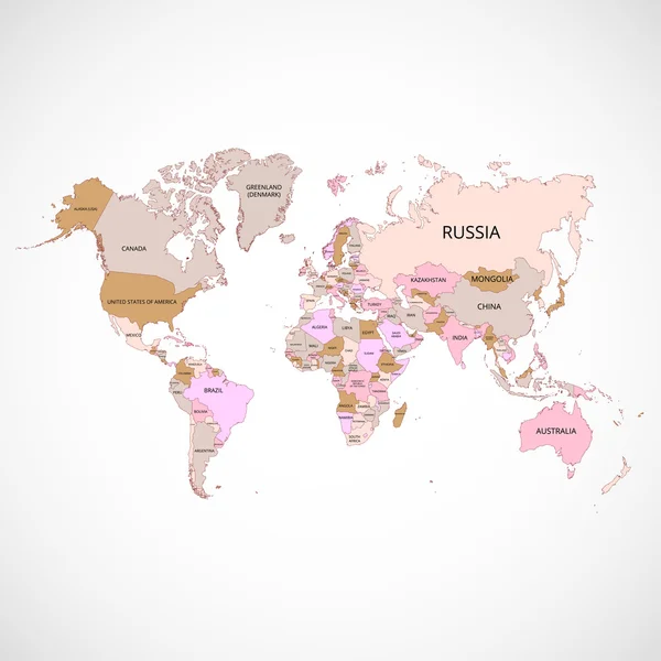 同名的国家和大洲的世界地图。矢量图. — 图库矢量图片