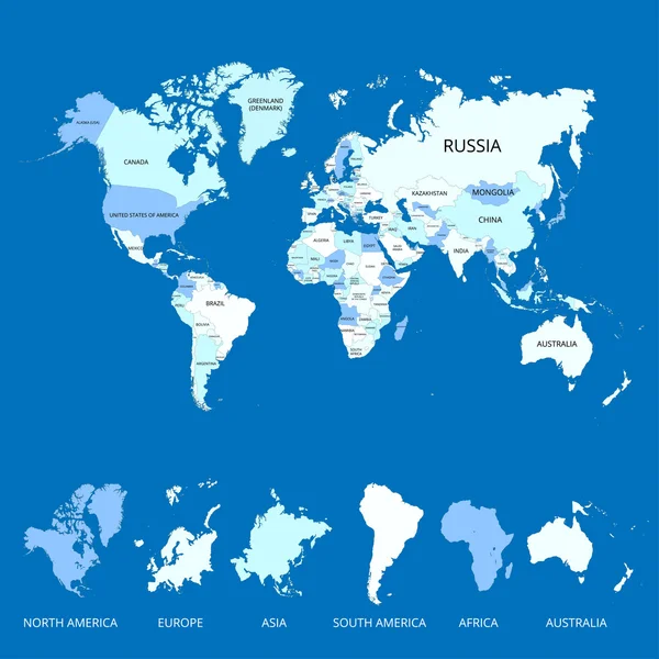 Carte du monde avec le nom des pays et des continents. Illustration vectorielle . — Image vectorielle