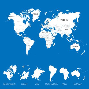 Ülkeler ve kıtalar adını dünya harita. Vektör çizim.