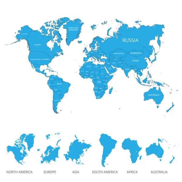 Kaart van de wereld met de naam van de landen en continenten. Vectorillustratie. — Stockvector
