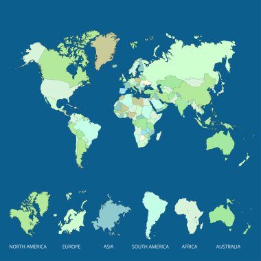 Dünya Haritası ülkeler renkli. Vektör çizim.