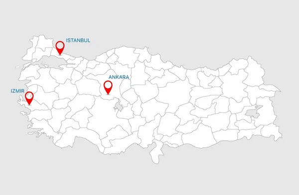 Un mapa grande y detallado de Turquía con todas las regiones, subdivisiones e islas. Marca las principales ciudades. Ilustración vectorial . — Vector de stock