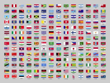 Dünya bayrakları ülke adı ile. Vektör çizim.