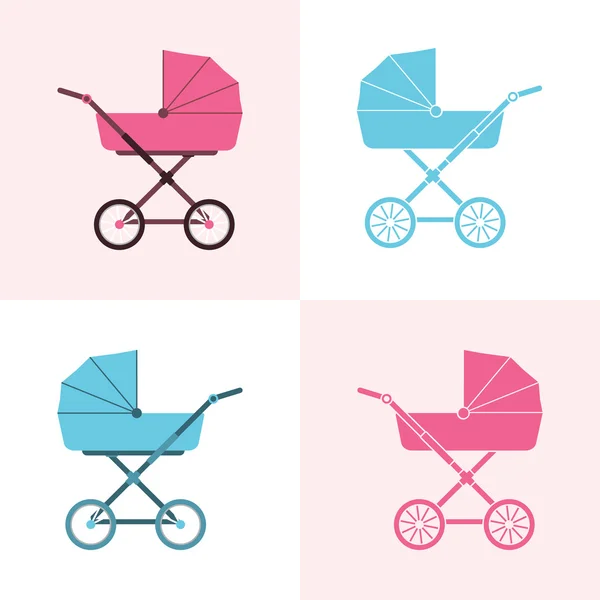 GYEREKKOCSI. Pram ikonra. Vektoros illusztráció. Egy sor bébi autó — Stock Vector