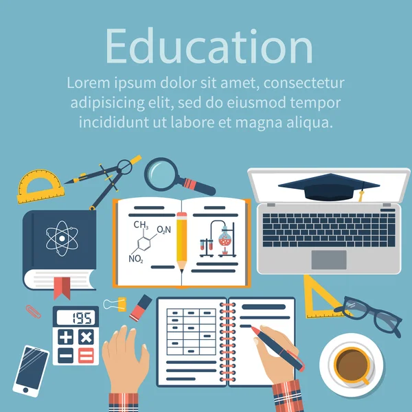 Estudiante en la mesa. Estudiante aprende, estudia. Concepto distancia edu — Archivo Imágenes Vectoriales