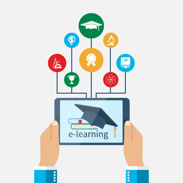 Schüler mit Tablet in der Hand. Konzept der Online-Bildung — Stockvektor