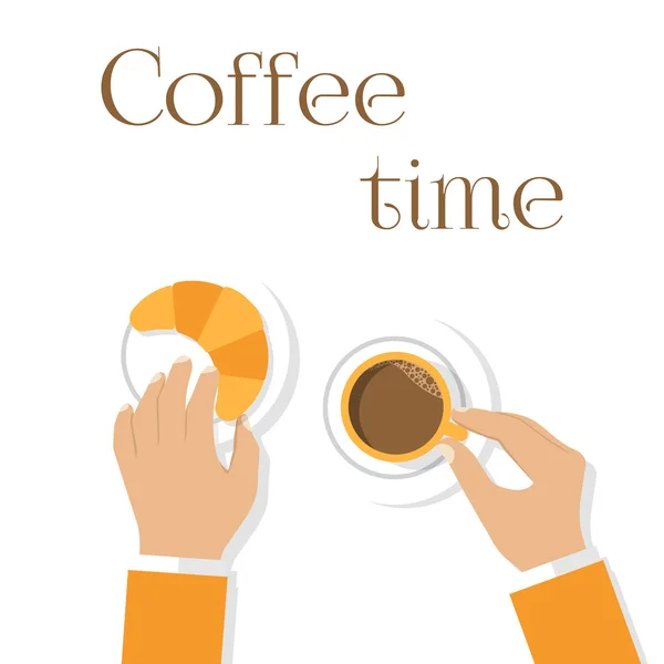 Café y croissants, manos hombre. Manos sosteniendo una taza de café y — Vector de stock