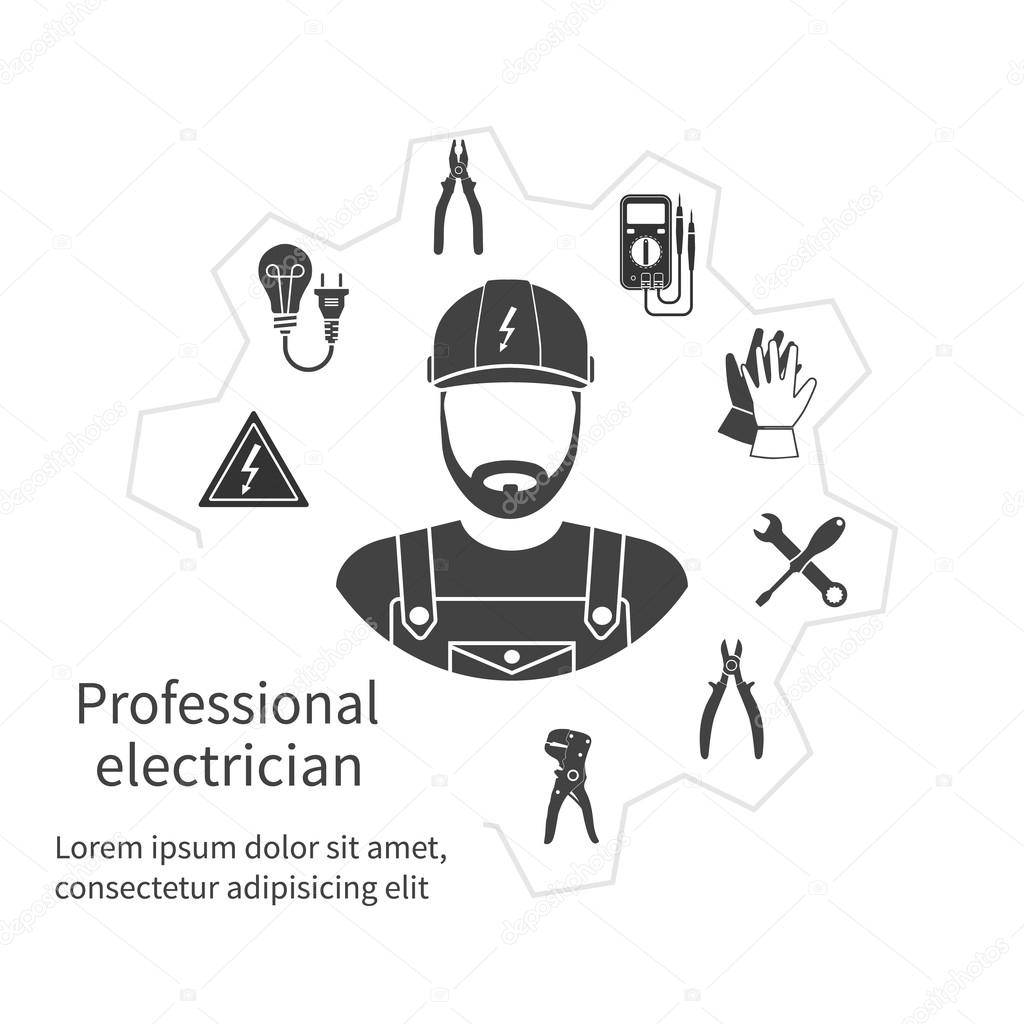 Concept of profession electrician. Repair and maintenance of electricity. Electricity service. Electricians tools, equipment. Banner, template, logo, background. Vector. Electrician occupation.