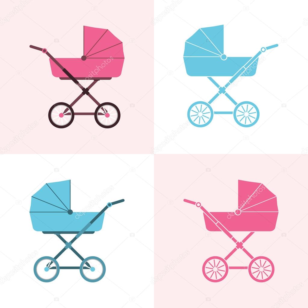 Baby carriage. Pram icon. Vector illustration. A set of baby car