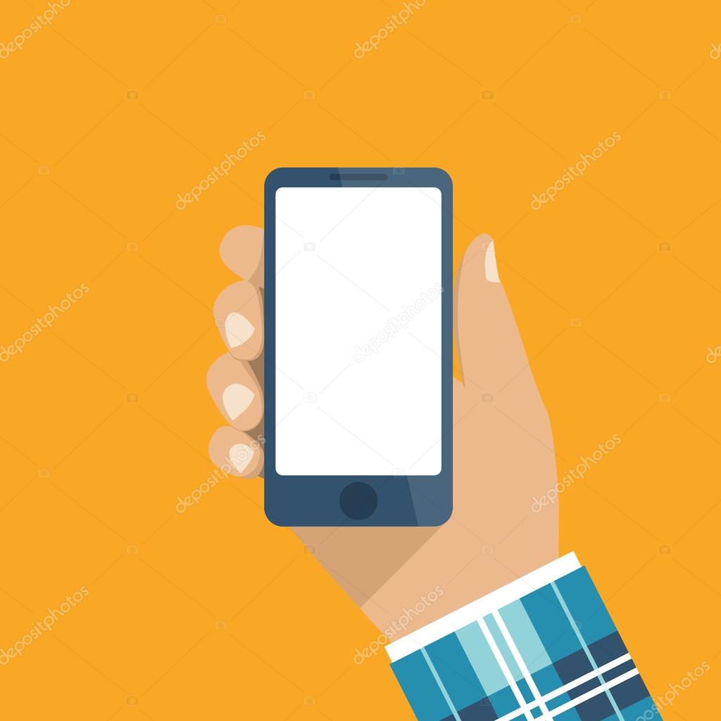 Hand holding smartphone. Flat design, vector. Phone in hand man.