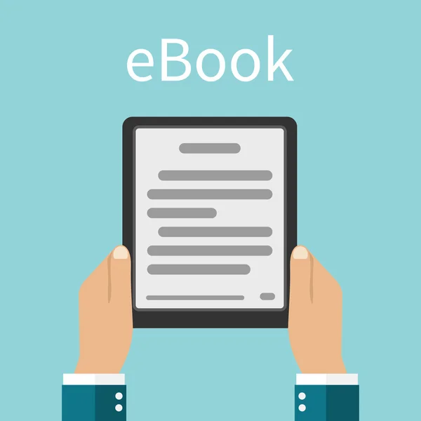 E-book. Un hombre sosteniendo un libro electrónico en las manos. Libro digital. Lectura E - — Vector de stock