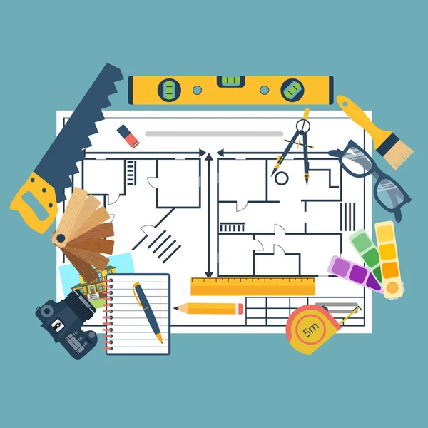 Plan de remodelación, herramientas de construcción — Archivo Imágenes Vectoriales