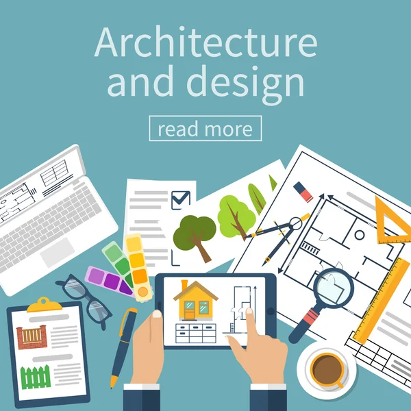 Architekt Designer-Arbeitstisch mit Ausstattung — Stockvektor