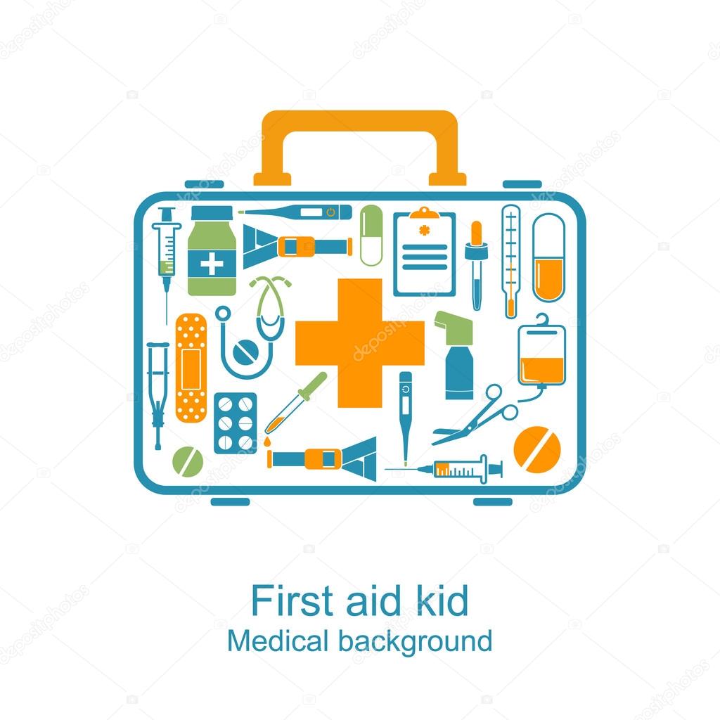 First aid kit box concept medical equipment and medications. Logo healthcare