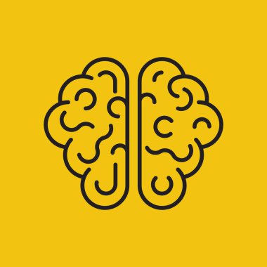 Sarı arka planda izole edilmiş çizgi beyin simgesi. Siyah beyin görüntüleme. Vektör çizimi düz tasarım. Fikir ve yaratıcılık sembolü.
