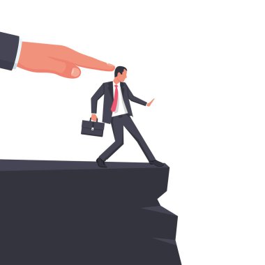 Liderlerinin büyük eli, astlarını dipsiz kuyuya iter. Uçurumun kenarında duruyor. Uçuruma düşme tehlikesi. İş meydan okuma konsepti. Vektör çizimi düz tasarım. Beyaz arkaplanda izole.