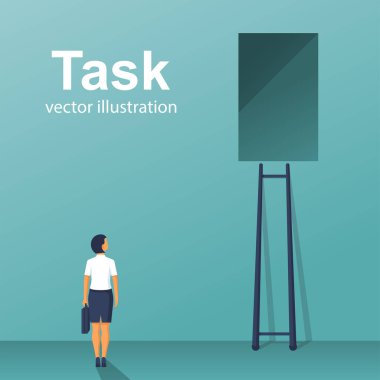 Görev konsepti. İş kadını duvarın önünde duruyor, üstünde de pencere var. Vektör çizimi düz tasarım. Beyaz arka planda izole edilmiş. Sorun çözme. Engelleri aşmak.