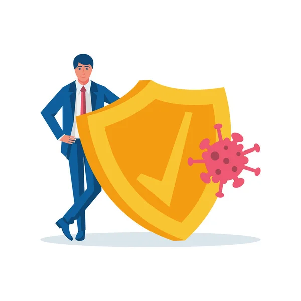 Protecção contra o coronavírus. Empresário com um escudo é protegido contra vírus. — Vetor de Stock