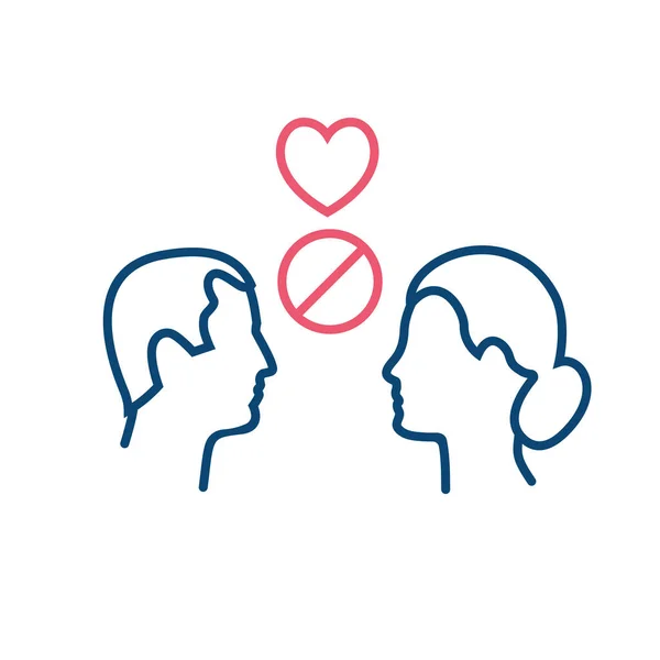 Προειδοποίηση κόκκινο σημάδι. Απαγορεύεται το φιλί. Άνδρας και γυναίκα μαύρο εικονίδιο γραμμή — Διανυσματικό Αρχείο