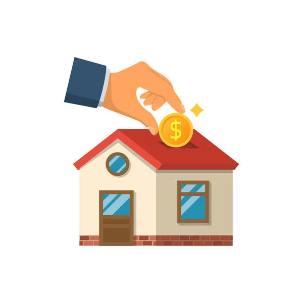 Man Invests Money House Home Piggy Bank Vector Illustration Flat — Stock Vector