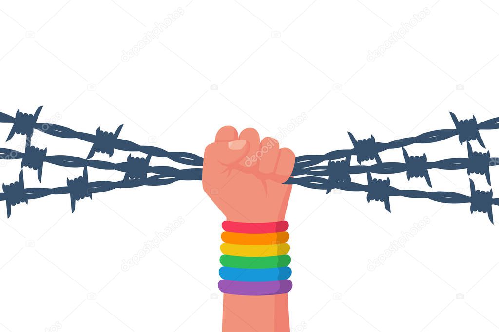 Pride symbol. A man with a bandage on hand holds a barbed wire in his fist.