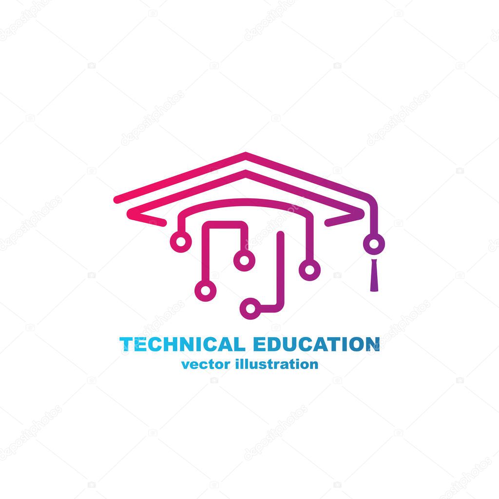 Technical education logo. Graduate cap and processor circuit. Electronic training. Simple line colored sign. Vector illustration flat design. Isolated on white background.