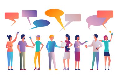 Fikir kavramı. İletişim baloncukları olan bir grup yaratıcı genç insan. İnsanları tartışın. Vektör çizimi düz tasarım. Beyaz arka planda izole edilmiş. Konuşma baloncukları. Konuşma şablonu.