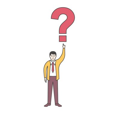 Kişi büyük bir soru işaretini işaret ediyor. Sıradaki konsept ne? Vektör çizimi düz tasarım. Beyaz arkaplanda izole.