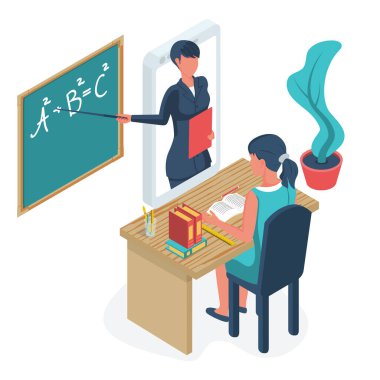 Öğrenci çocuk çevrimiçi bir derste bilgisayarın önünde oturuyor.