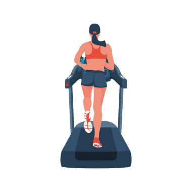 Koşu bandındaki kadın. Simülatör çalışıyor. Spor aleti. Koşan kadın