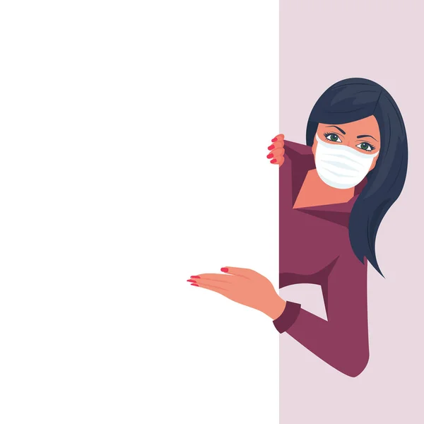 Woman in the protective medical mask, showing blank sign board — Stock Vector