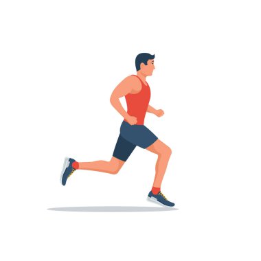 Koşan adam, profil görüntüsü. Beyaz arka planda izole edilmiş. Genç ve çekici bir erkek. Aktif yaşam tarzı. Spor ve spor. Vektör çizimi düz tasarım. Atletik vücut. Beyaz arkaplanda izole.