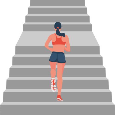 Spor salonundaki kadın koşucu. Kız merdivenlerden yukarı koşuyor. Sporcu üst kata koşar. Eşofmanlı bir kadın. Aktif yaşam tarzı. Vektör çizimi düz tasarım. Atletik vücut. Yoğun egzersiz