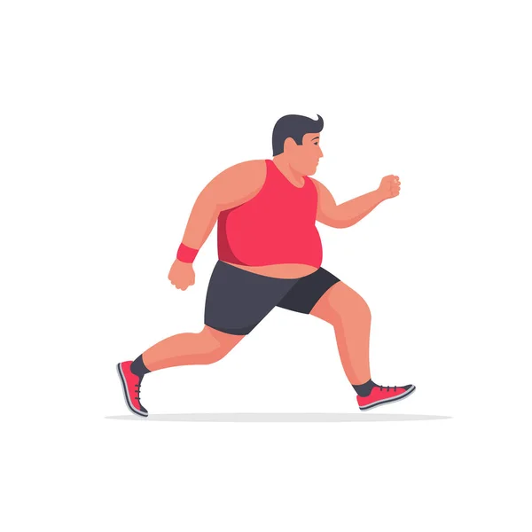 那个胖子在跑 健康的生活方式胖男人慢跑 体重减轻 健身和运动 营养和健康模板 矢量插画平面设计 因白人背景而被隔离 — 图库矢量图片