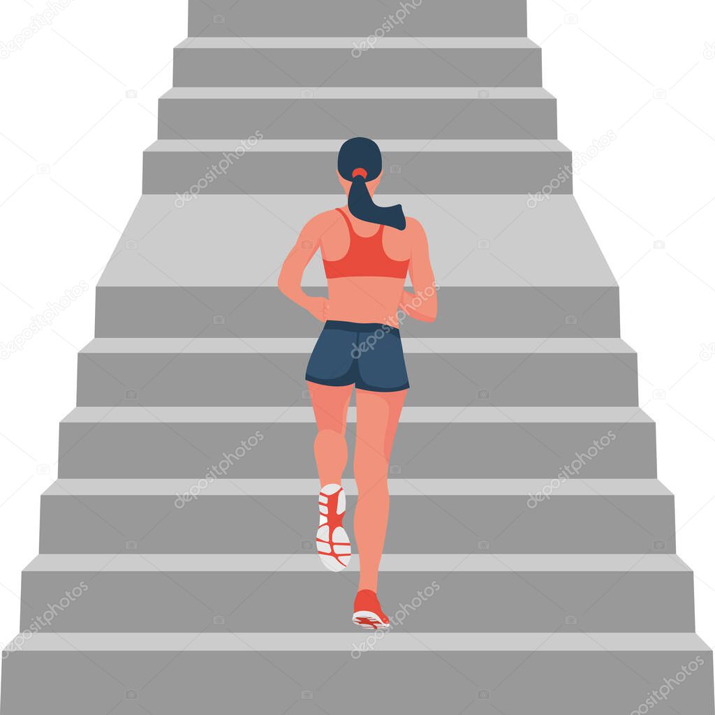 Fitness woman runner in training. The girl runs up the steps. Athlete runs upstairs. Back view woman in a tracksuit. Active lifestyle. Vector illustration flat design. Athletic body. Intense workout