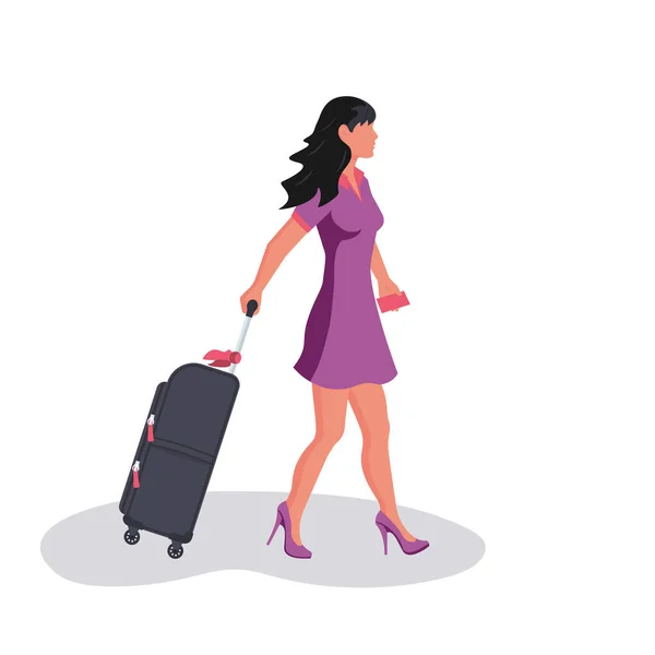 Egy nő utazótáskával. Nő egy bőrönddel — Stock Vector