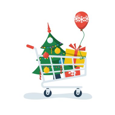 İçinde oyuncaklar ve hediyeler olan bir Noel ağacı. Yeni yıl alışverişleriyle dolu bir tramvay. Vektör çizimi düz tasarım. Beyaz arkaplanda izole