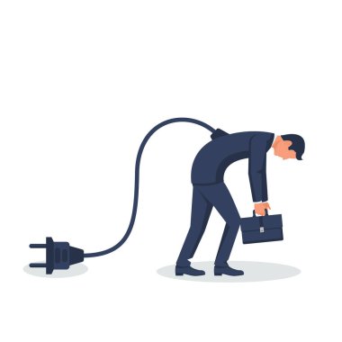 İş adamının ağla bağlantısı kesildi. Enerji yok, ücret yok. Yorgun iş adamı. Çok çalışan insan. Vektör çizimi düz tasarım. Arka planda izole edilmiş. İş yorgunluğu.