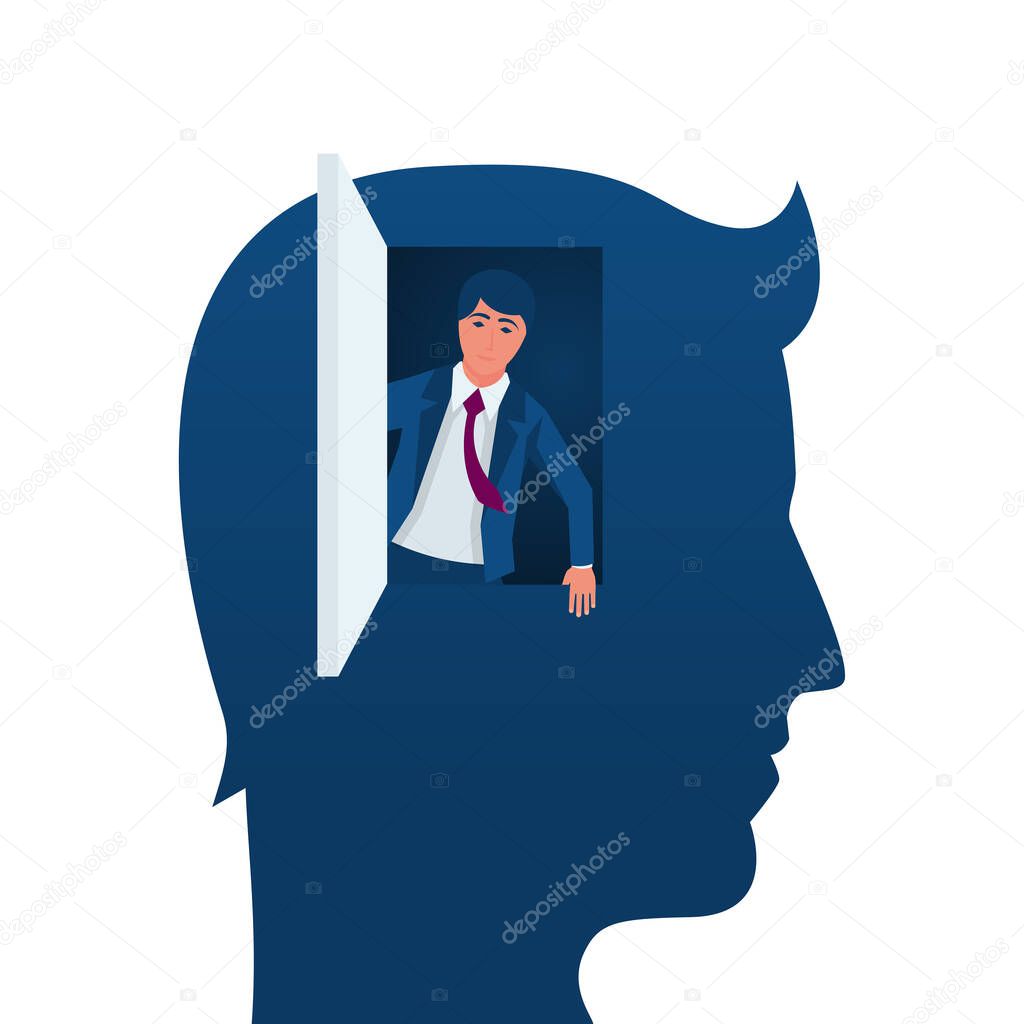 Freedom of mind. Get out of the closed mind, business metaphor. Open the door to a world of possibilities. Vector illustration flat design. Isolated on white background.