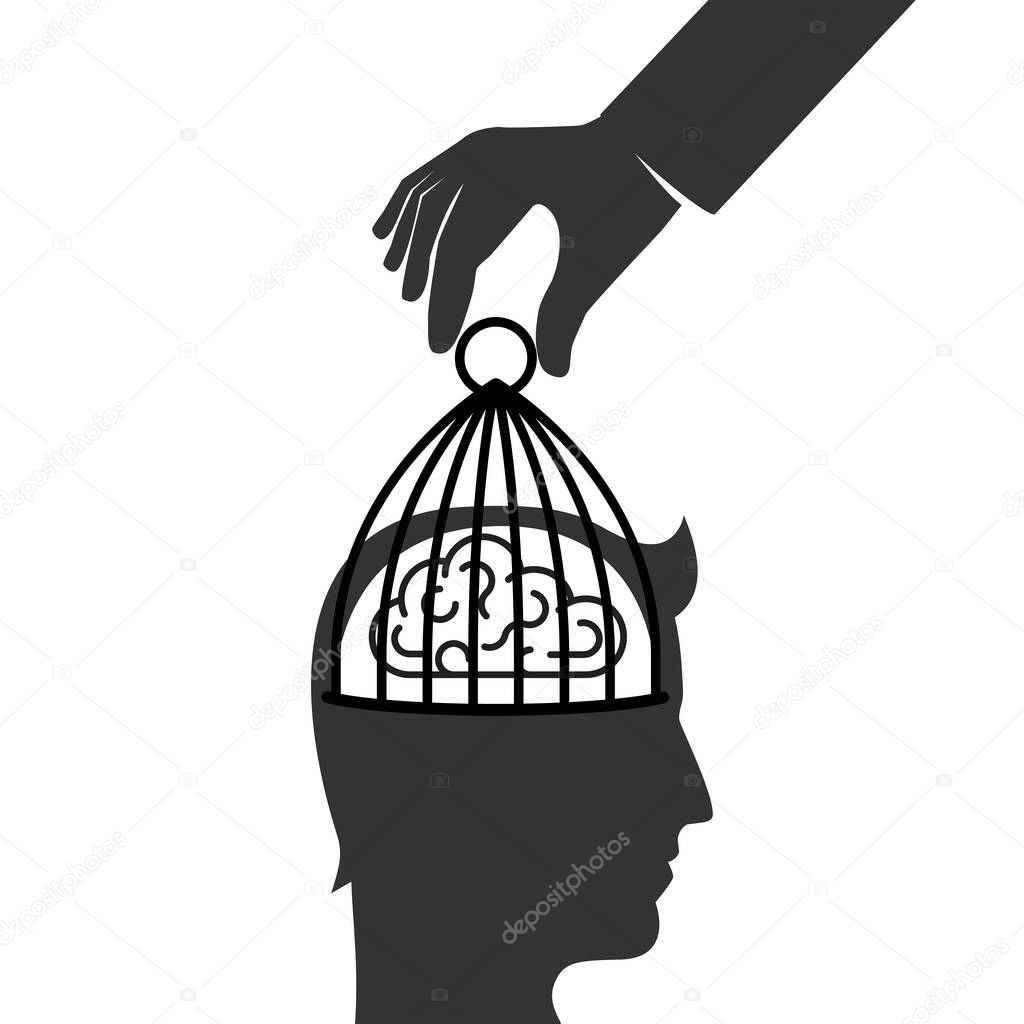 Person removes a cell from the brain. Remove restrictions. Freedom of mind. Get out of the closed mind, business metaphor. Open the door to a world of possibilities. Vector illustration flat design.